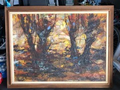 Listed artist Von Zimmerman HUGE oil panting mid century forest 43 in x 55.5 in