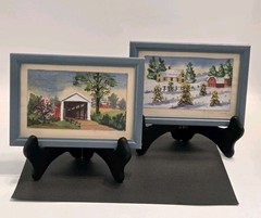 Vtg EDNA LOWE Mini Orig. Paintings Set Of 2 Naive Folk Style Signed Framed 3×5″