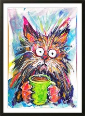 Original Cat Humorous 9 X 12 Paper Painting Signed Kitchen Wall Art