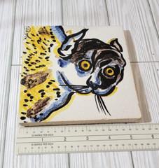Mixed Media Cat Ceramic Tile Slab Painted Undated Signed Yellow Signed S.SA.