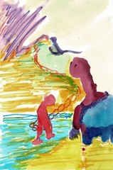 Art Free Shipping-Original Painting colorful „At the Beach“ Fantasy Surreal JW