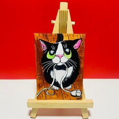 ACEO Tuxedo Cat Playing with Computer Mouse Original Acrylic painting Mini New