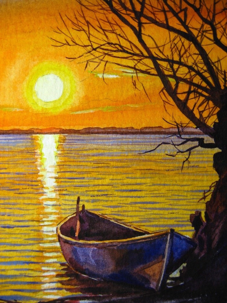 Watercolor Painting Wooden Boat Lake Sunset Autumn Tree Landscape ACEO Art