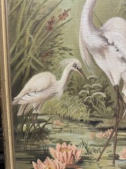 Antique 39×15” Water Lilies Cranes Oil Painting Birds Floral Landscape Lake SGND
