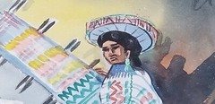 Signed Guatemalan Folk Art Watercolor Painting Girl Weaving Plus Tourism Maps