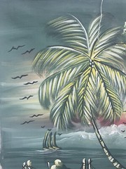 Original Haitian oil hand painting 20inx24in men fishing in jungle wildlife