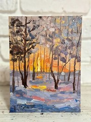 Original Oil Painting Sunset Winter Landscape Forest Impressionism Art Signed