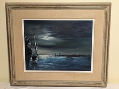 John Stancin Original Oil on Canvas Moonlit Harbor Seascape Painting Frame 27×23