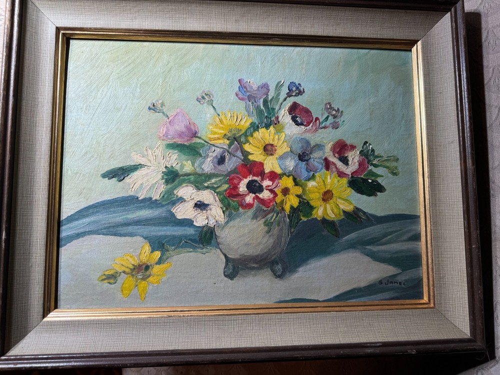 Vintage G James „Vase Of Flowers Scene“ Oil Painting – Signed And Framed