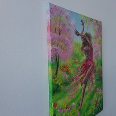 Original Oil Portrait Painting Spring Dancing Woman Blossom Garden Canvas Art
