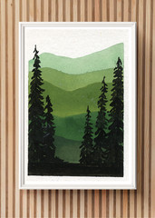 ACEO/ ATC Green Monochrome Mountain Landscape OOAK Original Art SaraClaireArt