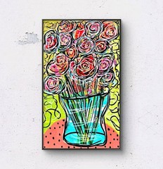 Abstract Floral Mixed Media Painting – Reclaimed Materials, One of a Kind Art