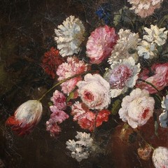 Antique Italian painting oval artwork oil on canvas still life 18th century