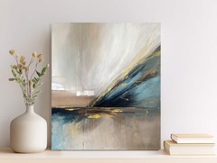 Original Abstract painting seascape beige indigo grey White blue gold modern