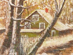 ORIGINAL 19th Century Oil on Canvas RIVER CABIN Signed GEO. Period Gesso Frame