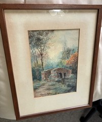 Antique Watercolor Painting Framed Landscape Stone Bridge Church England 10×13”
