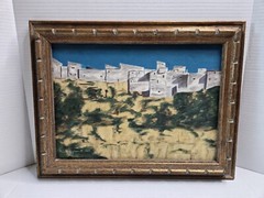 Vintage Framed Painting Pueblo Home Town Southwestern Desert