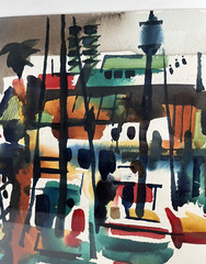 NOEL QUINN MODERNIST ABSTRACT HARBOR COASTLINE CALIFORNIA WATERCOLOR PAINTING