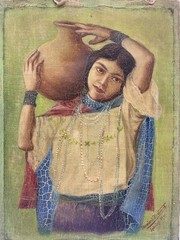 1940s Antique South American Latin Portrait Oil Painting of a Woman Carrying Pot
