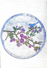 Bluebird On Floral Branches Whimsical Impressionist 7×10 Multimedia Art On Paper