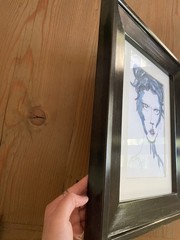 Framed watercolor and ink painting blue woman face