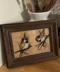 Art Paintings On Glass of 2 Birds/Sparrows Wooden Framed Over Burlap Backing