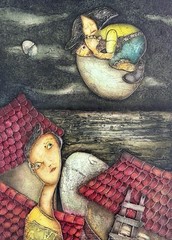 “ Nina and the Night.“ Collage on pasteboard: offset ink, wallpaper, wood, gesso