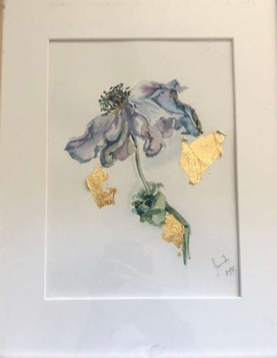 original watercolor flower with gold leaf painting signed