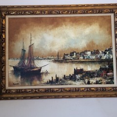44×32 Original Oil Painting Signed Karoni seaside Bay Sea View Nautical Boat Bay