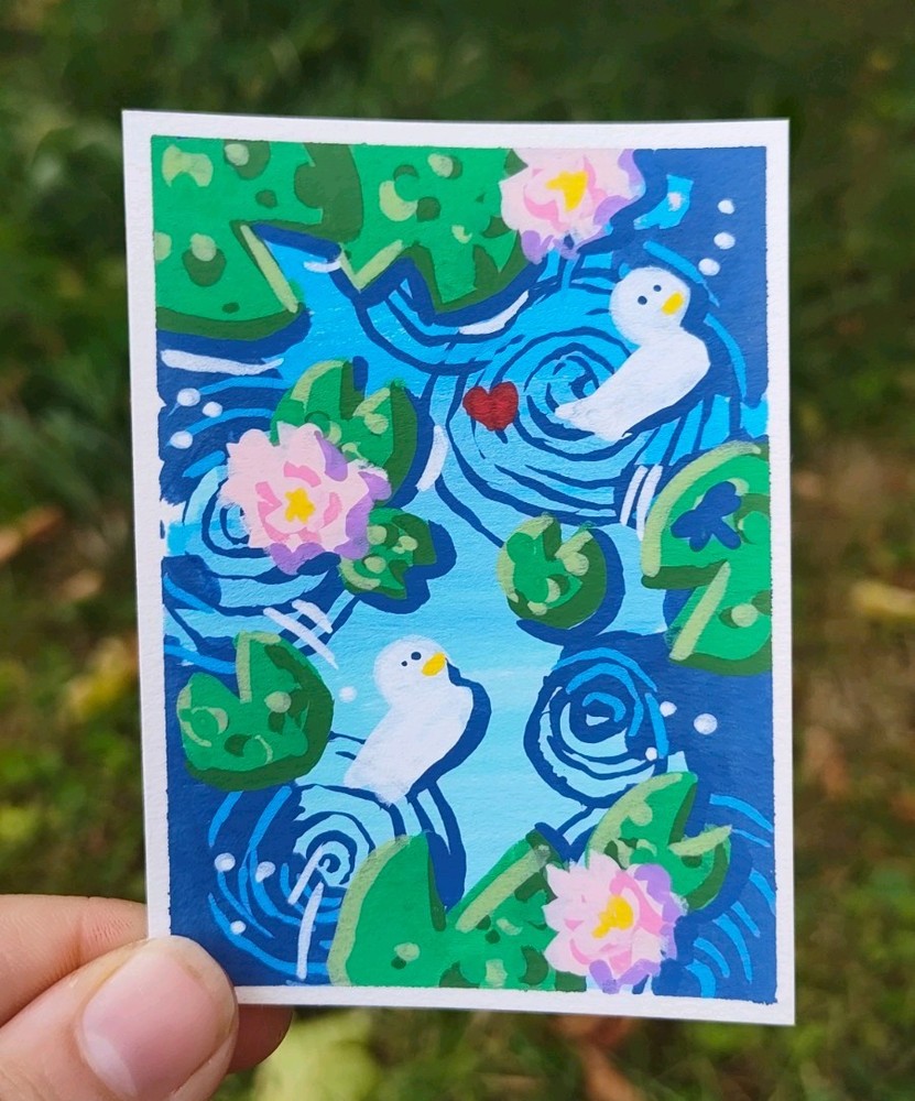 ACEO: Original Acrylic Painting (6.4 x 8.9 cm): ducks and lillypads 4/6 by Lenahui