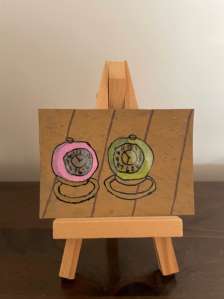 Clocks ACEO on cardstock (2 1/2″x3 1/2″) original art mixed media.