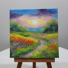 Original Oil Painting Sunrise Meadow Path Flowers Landscape Wall Art Decor Gift