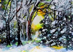 ACEO Original WINTER PAINTING Snow Pine TREES Sunrise Landscape Forest ATC ART