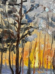 Original Oil Painting Sunset Winter Landscape Forest Impressionism Art Signed
