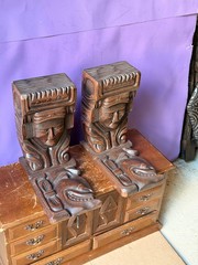 Vintage Honduran Hand Carved Wood Bookends Mayan Tribal Art Pair 9″