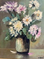 Spring Floral Still Life Oil Painting Framed Beautiful Flowers in Vase Signed
