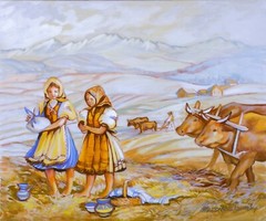 Women with Oxen, Oil on Canvas, Slovakia, 24 x 20 in, Marta Brestovansky