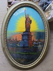 Statue of Liberty Antique USA Art Deco Glass Painting Gold Gesso Gilt Wood Frame