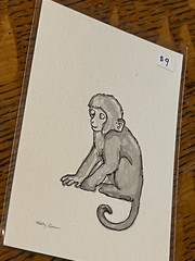 ACEO Original Pen and Ink Painting Monkey Artist Trading Card Sketch Drawing