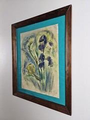 Vintage Original Signed Ron Edge Watercolor & Ink Painting 22×18 Framed Art Iris