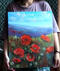 Red Poppies Landscape Oil Painting 16×20″ Tuscany Poppy Field Italian Hills