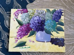 Acrylic Still Life Hydrangeas Lilacs Blue Purple Green Yellow Bold Serene Calm
