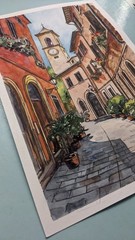 Сityscape Watercolor Original Painting European Architecture Old Town Artwork