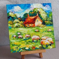 original oil painting Irish Cottage Sheep Landscape Impasto wall art 8*8 inch