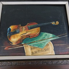 Framed Oil on Canvas Violin Still Life Painting Artist Signed Wood Frame #A399