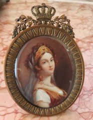 ANTIQUE MINIATURE PORCELAIN PORTRAIT OF GIRL EASEL STUNNING FRAME 3″ X 4 1/2″