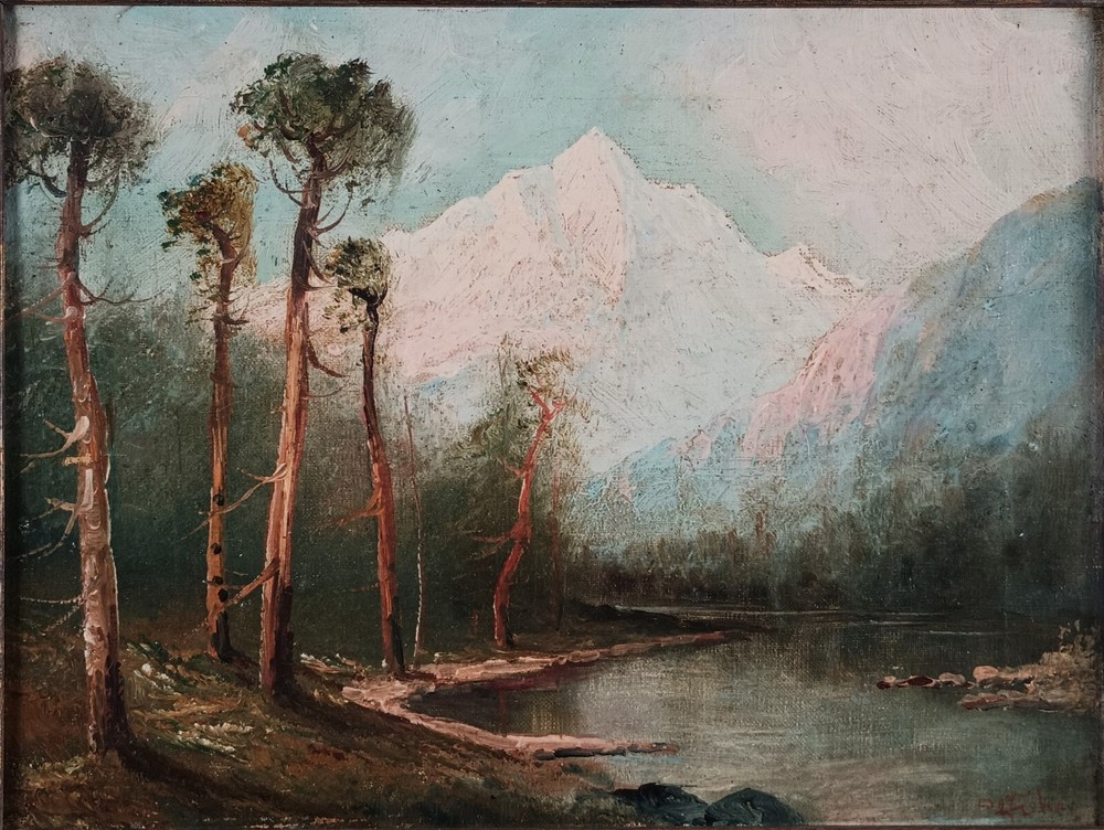 Antique Original D.A Fisher Oil Painting White Mountain Riverside Listed Artist