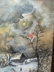 Antique „Figure And Home Landscape In Winter“ Watercolor Painting – Framed