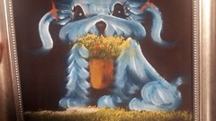 Blue Dog On Black Velvet Painting With Metallic Color Frame, No Signature