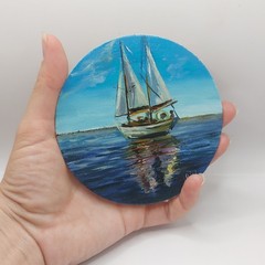 Original Oil Painting Sailboat Nautical Seascape Round Miniature Wall Art 4 inch